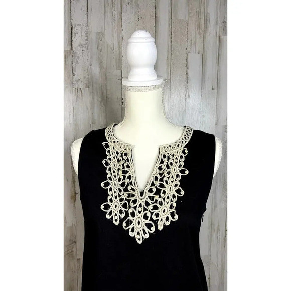 Mudpie Women's‎ Medium Black Shift Dress w/ Gold Lace Trim Sleeveless V-Neck - Picture 4 of 7